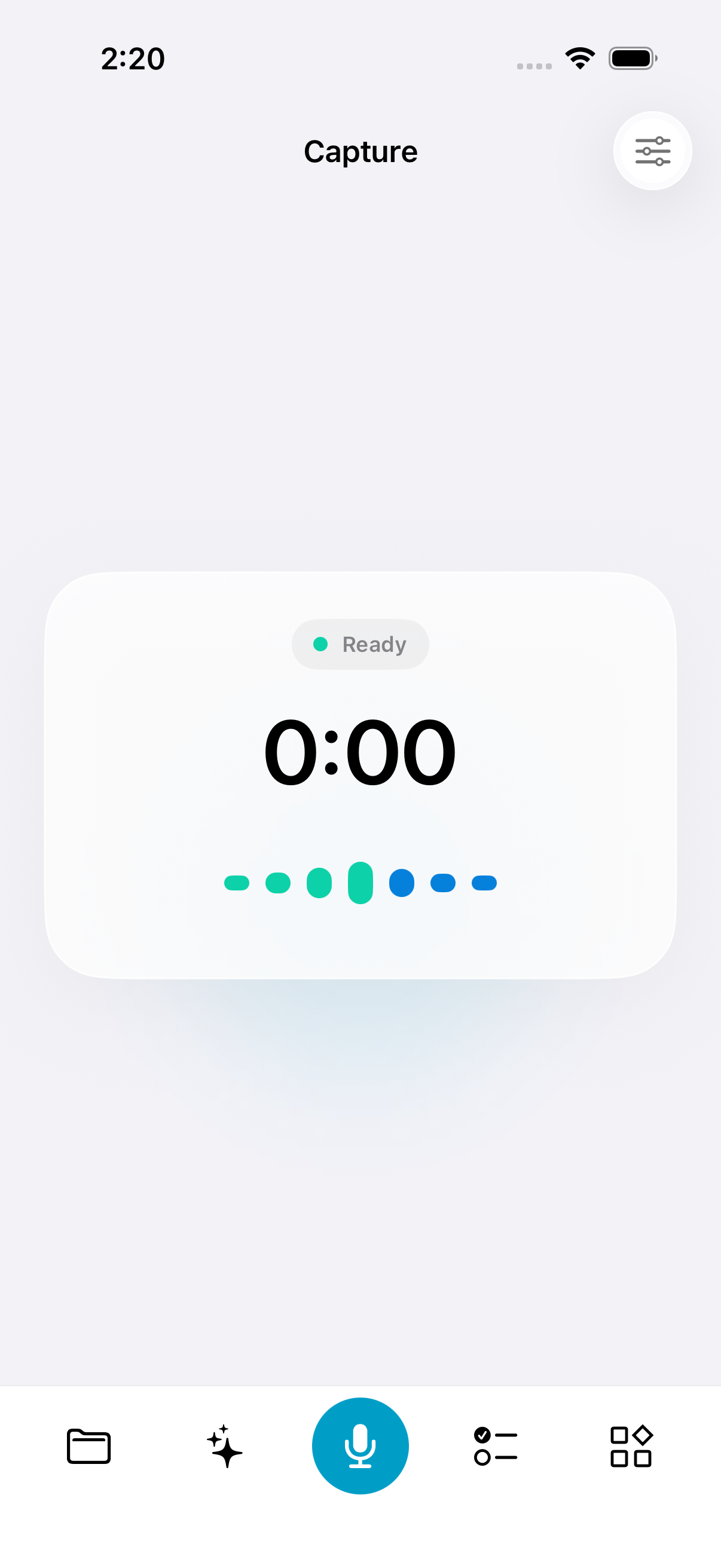 TalkBrief iPhone app showing the Capture screen and recording button